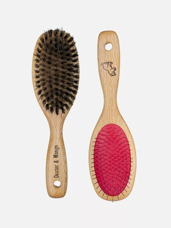 Dubbelsidig hundborste i bokträ – för kort och lång päls