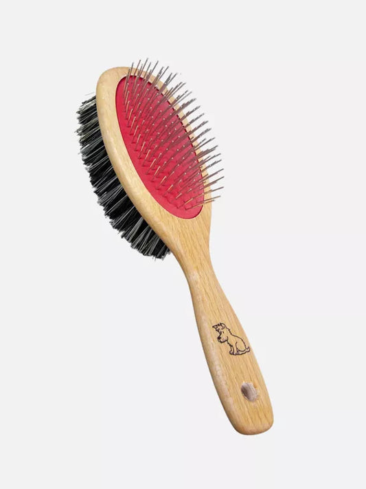 Dubbelsidig hundborste i bokträ – för kort och lång päls