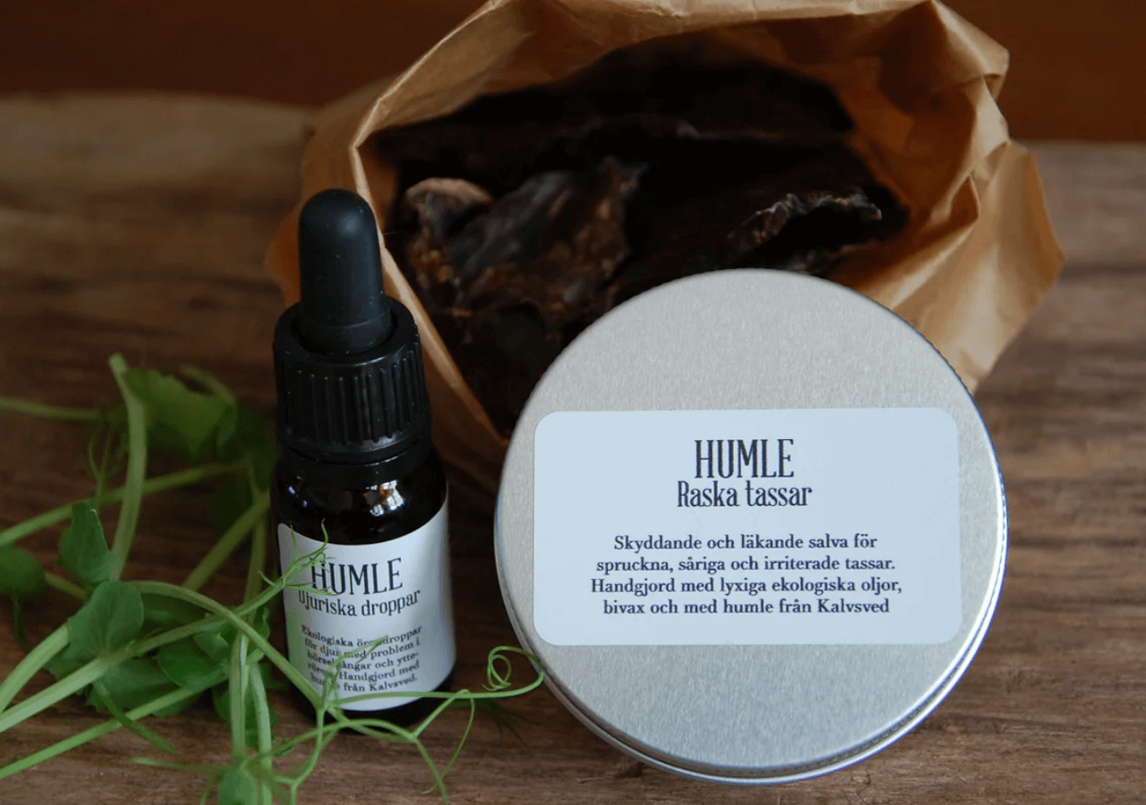 Salvan Humle raska tassar med djuriska droppar och gröna blad